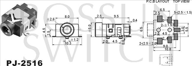 SMD/SMT 2.5mm toma de teléfono PJ-2516