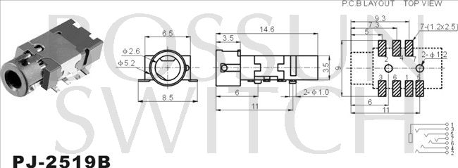 SMD/SMT 2.5mm toma de teléfono PJ-2519B