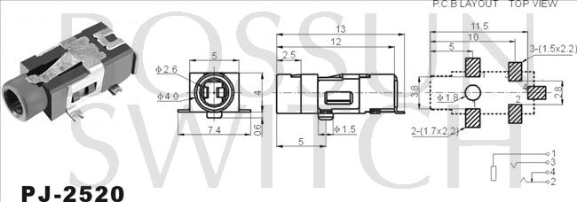 SMD/SMT 2.5mm toma de teléfono PJ-2520