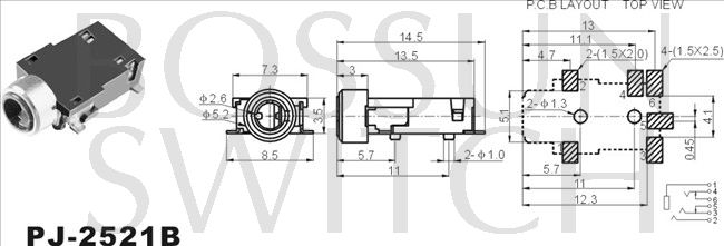 SMD/SMT 2.5mm toma de teléfono PJ-2521B