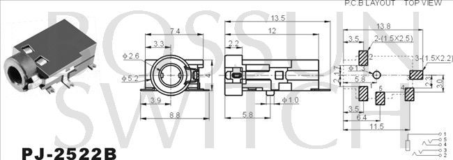 SMD/SMT 2.5mm toma de teléfono PJ-2522B