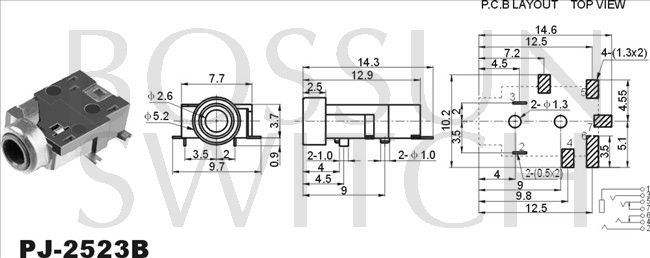 SMD/SMT 2.5mm toma de teléfono PJ-2523B