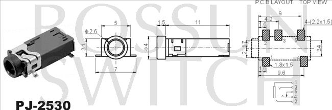 SMD/SMT 2.5mm toma de teléfono PJ-2530