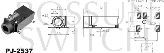 SMD/SMT 2.5mm toma de teléfono PJ-2537