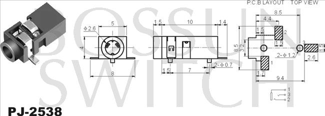 SMD/SMT 2.5mm toma de teléfono PJ-2538