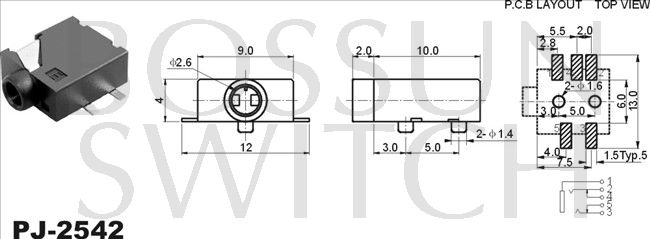 SMD/SMT 2.5mm toma de teléfono PJ-2542