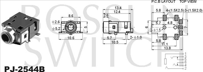 SMD/SMT 2.5mm toma de teléfono PJ-2544B