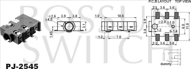 SMD/SMT 2.5mm toma de teléfono PJ-2545