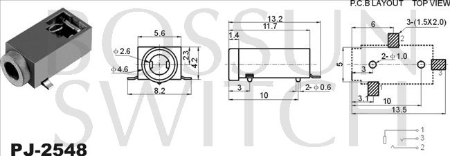 SMD/SMT 2.5mm toma de teléfono PJ-2548