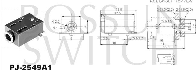 SMD/SMT 2.5mm toma de teléfono PJ-2549A1