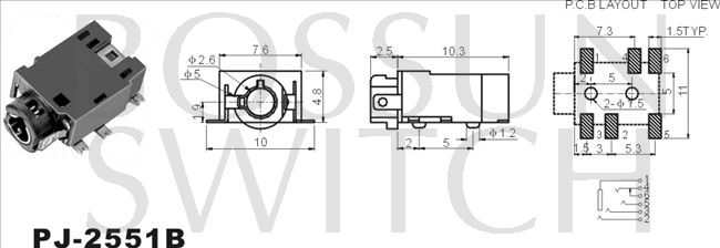 SMD/SMT 2.5mm toma de teléfono PJ-2551B