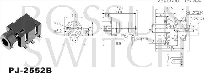 SMD/SMT 2.5mm toma de teléfono PJ-2552B