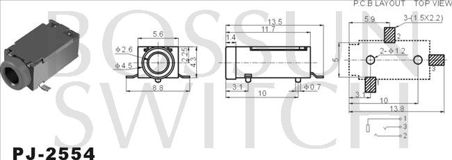 SMD/SMT 2.5mm toma de teléfono PJ-2554