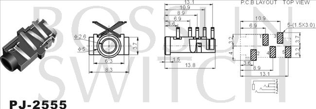 SMD/SMT 2.5mm toma de teléfono PJ-2555