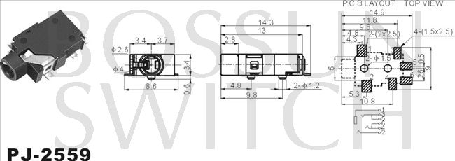 SMD/SMT 2.5mm toma de teléfono PJ-2559