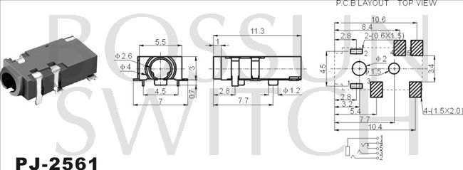 SMD/SMT 2.5mm toma de teléfono PJ-2561