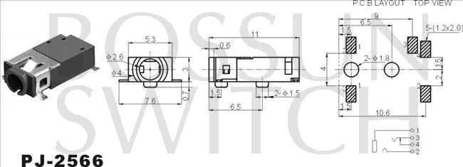 SMD/SMT 2.5mm toma de teléfono PJ-2566