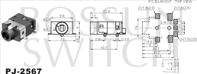 SMD/SMT 2.5mm toma de teléfono PJ-2567