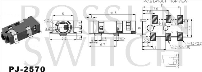 SMD/SMT 2.5mm toma de teléfono PJ-2570