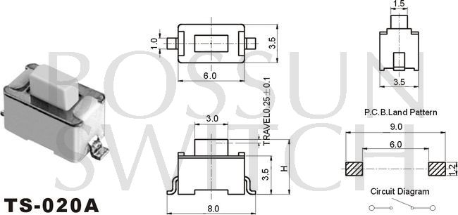 Enérgico interruptor de reflujo táctil 3.5x6mm TS-020A