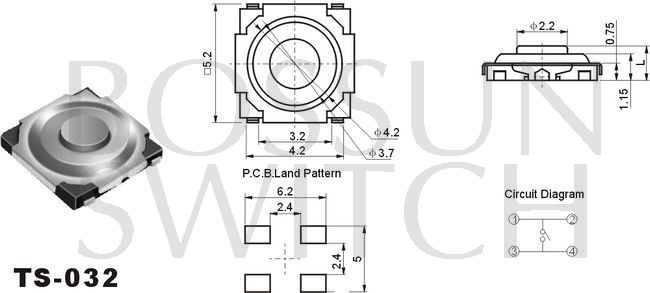 Enérgico interruptor de reflujo táctil 5.2x5.2mm TS-032