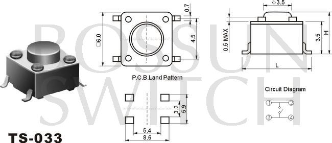 Enérgico interruptor de reflujo táctil 6x6mm TS-033