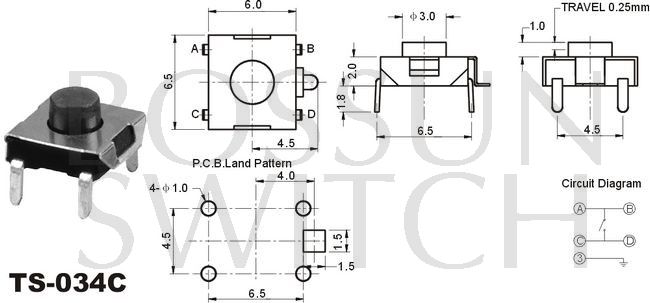 Enérgico interruptor de reflujo táctil 6x6.5mm TS-034C