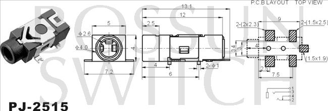 SMD/SMT 2.5mm 電話ジャック PJ-2515