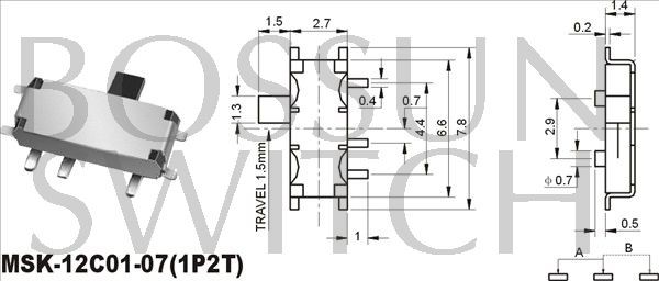 Mini slide knob switch MSK-12C01-07(1P2T)