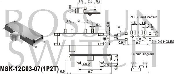 Mini interruptor de perilla deslizante MSK-12C03-07(1P2T)