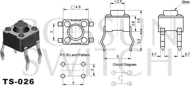Enérgico interruptor de reflujo táctil 4.5x4.5mm TS-026