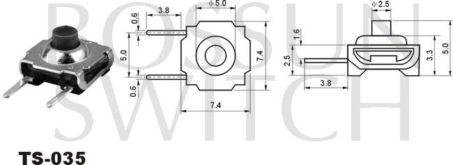 Enérgico interruptor de reflujo cuadrado táctil 7.4x7.4mm TS-035