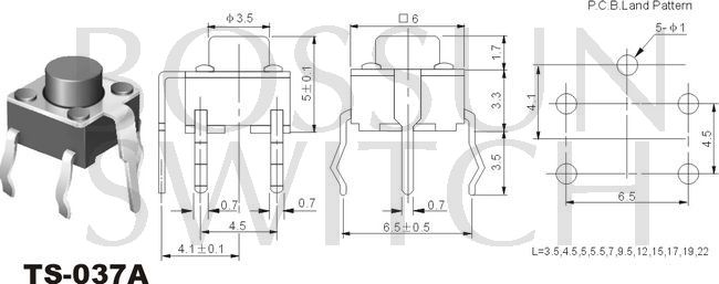 Zippy square reflow tact switch 6x6mm TS-037A