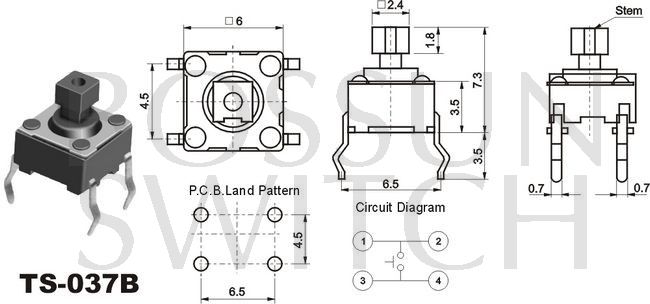 Zippy square reflow tact switch 6x6mm TS-037B