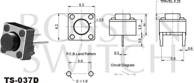 Zippy square reflow tact-schakelaar 6.2x6.2mm TS-037D