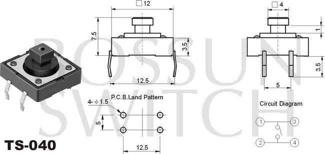 Enérgico interruptor de reflujo cuadrado táctil 12x12mm TS-040