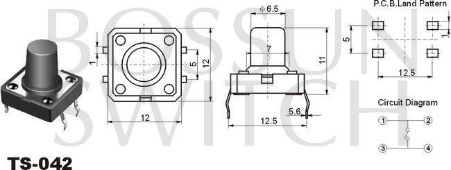 Zippy square reflow tact switch 12x12mm TS-042